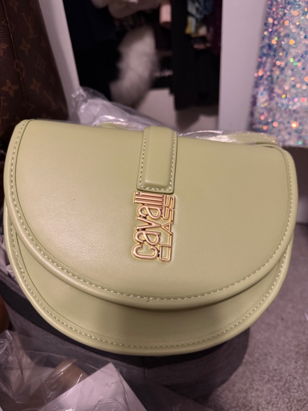 Cavalli Class Leaf Green Saddle Flap Crossbody Bag with Gold Logo